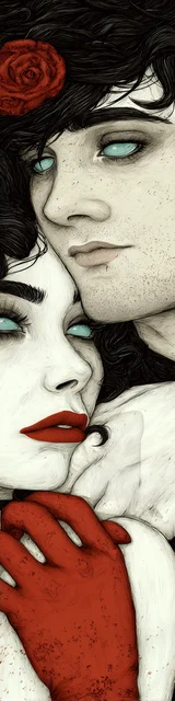 Free dark romance bookmark featuring a couple with green eyes and red gloves